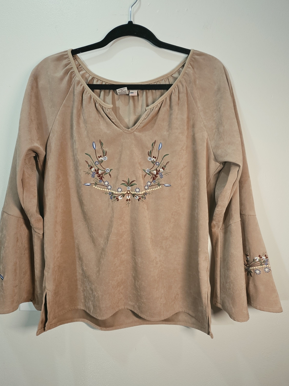 Hello Dolly Tan Floral Embroidered Bell-Sleeve Faux Suede Tunic Peasant Blouse M